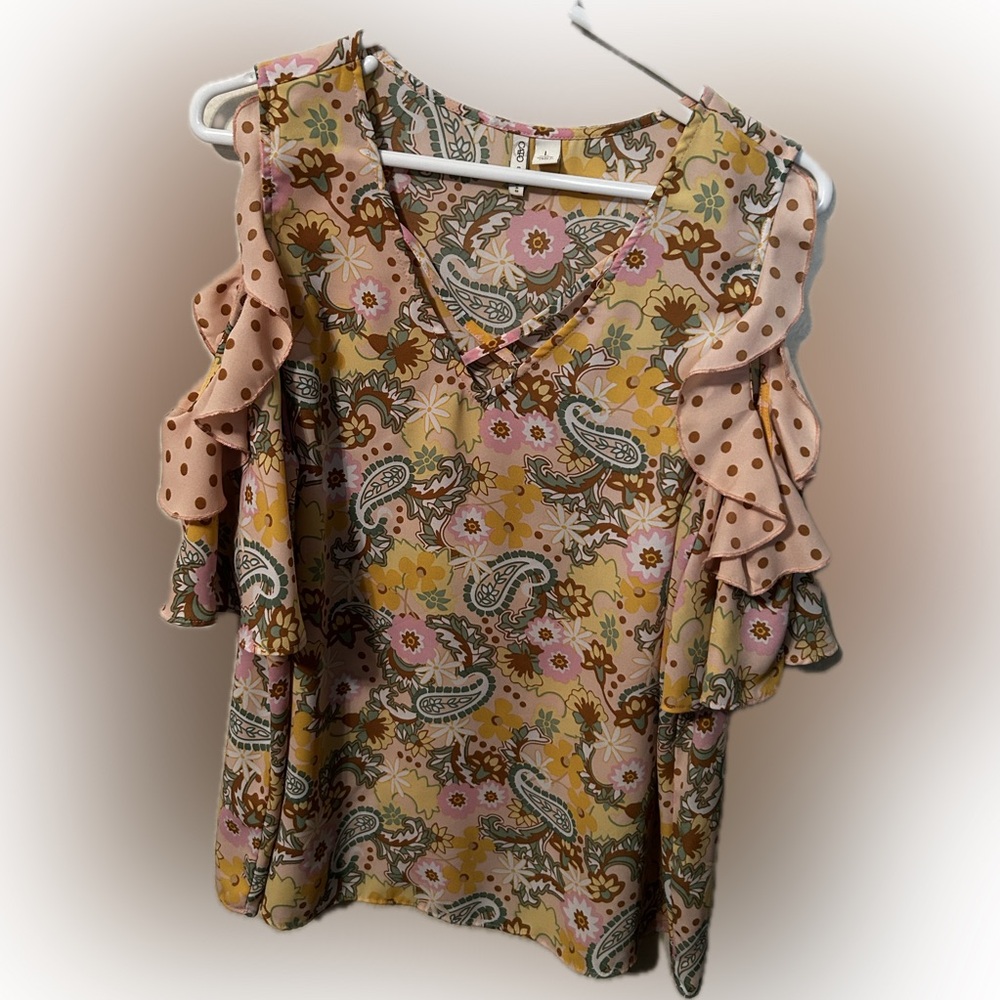 Cato Large Floral Cold Shoulder Paisley Ruffle Sleeve Top yellow pink v neck